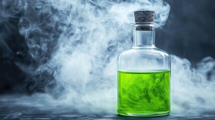 Toxic chemical solution in a flask smoky background photography mysterious atmosphere green molecule concept