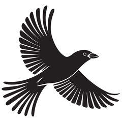 A minimalist, beautiful linocut illustration of a flying Grosbeak bird in silhouette. This black vector artwork captures the elegant form and graceful movement of the bird.