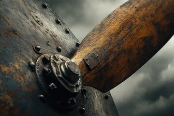 Close-up of a weathered wooden propeller affixed to a rusty metal hub, against a stormy sky.