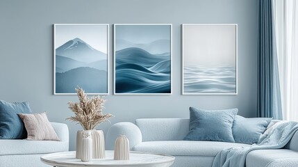 Serene Mountain Silhouette and Flowing Waves Artwork on Wall