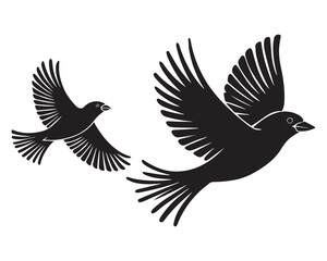 A minimalist, beautiful linocut illustration of a flying Grosbeak bird in silhouette. This black vector artwork captures the elegant form and graceful movement of the bird.
