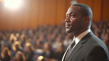 African male adult speaker giving inspirational speech in conference hall