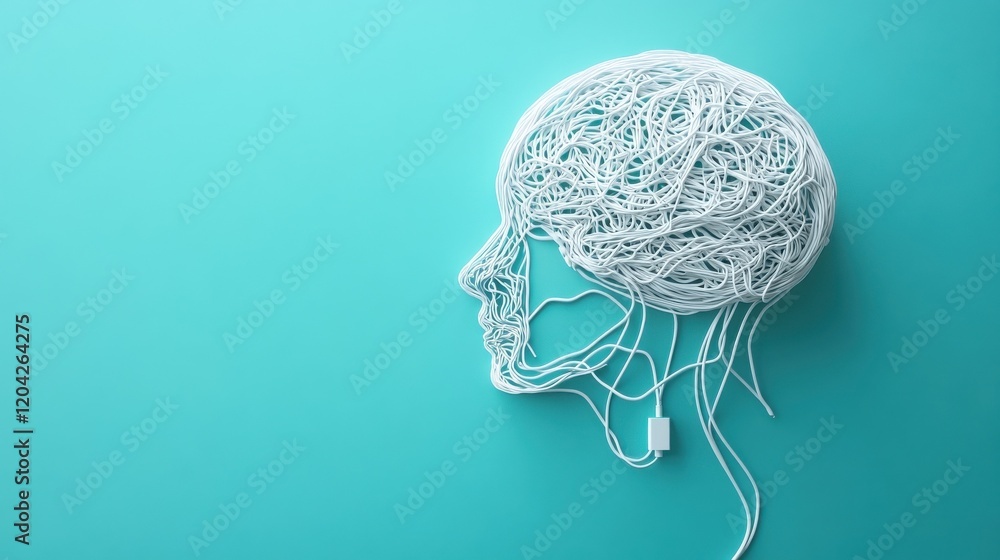 Poster abstract head and brain scribble outline made of usb cable on wide blue background with mock up plac