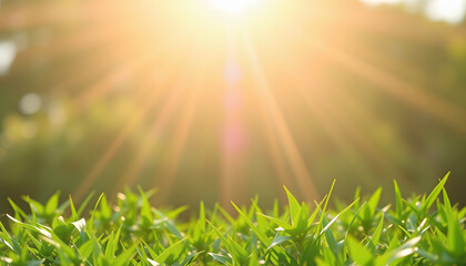 Fototapeta premium Green Grass with Sun Rays: Nature and Spring Background