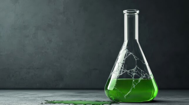 Chemical solution leaking from cracked flask laboratory toxic compound in focus dark environment close-up view concept