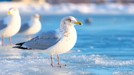 Seagull on icy water, winter sun, blurred background, wildlife photography