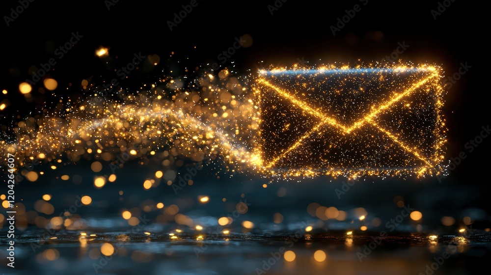 Poster glowing email icon with sparkling particles on dark background