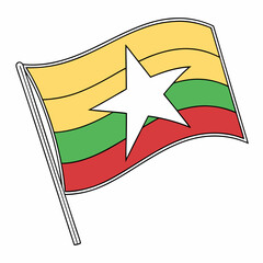 Myanmar Flag: Horizontal yellow, green, and red stripes with a white star in the center.
