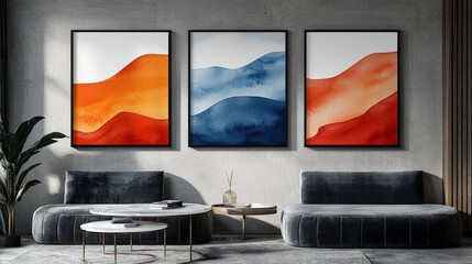 Geometric Prism Watercolor Posters on Wall in Modern Living Room