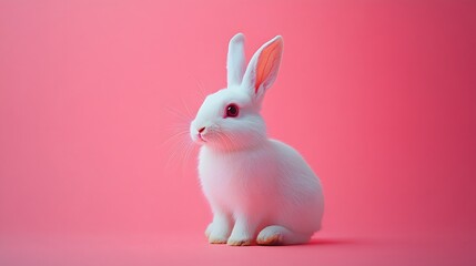 Obraz premium Cute White Fluffy Rabbit Posing on a Pink Background in Studio