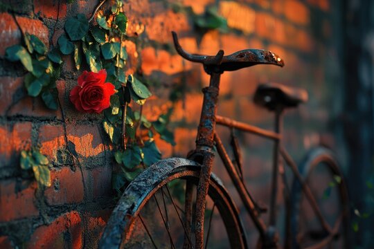 A rusty bicycle leans against a brick wall, adorned with a vibrant red rose and climbing vines.