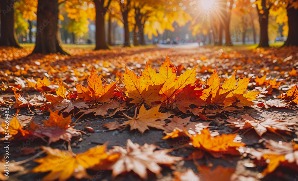 Aufkleber a large pile of orange leaves on the ground. the leaves are scattered in a field and there are some 