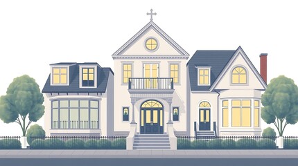 Elegant white house with grey roof, bay windows, balcony, and cross.