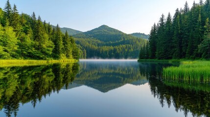 Fototapeta premium Serene mountain lake reflection at sunrise, ideal for travel brochures