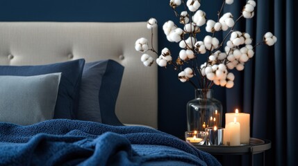 Serene Bedroom Interior with Cotton Decor and Candles