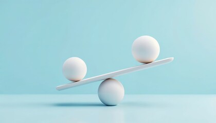Balance, symmetry, harmony; golden and white spheres on a seesaw in perfect equilibrium. Business metaphor, 3D
