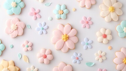 Colorful Flower-Shaped Cookies on a White Background Display