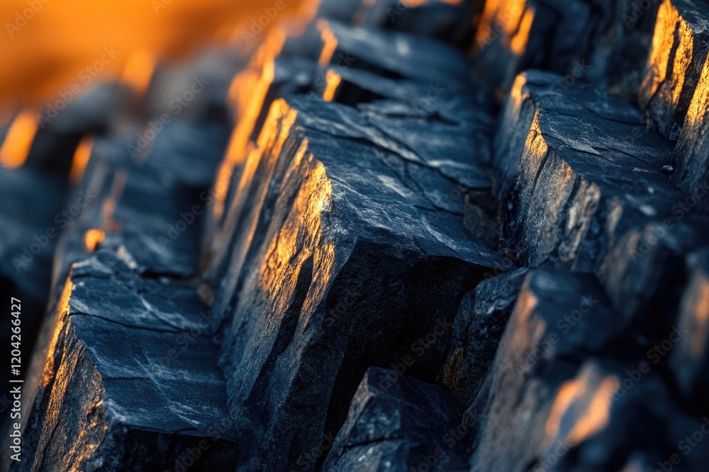 Poster dark, angular basalt columns bathed in warm sunset light, showcasing intricate textures and shadows.