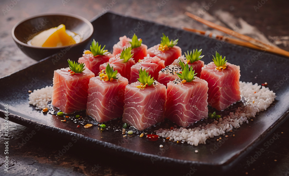 Poster A plate of sushi with a black plate and a bowl of lemon slices. The sushi is arranged in small cubes and is garnished with parsley. The lemon slices are placed on the side of the plate, adding a pop