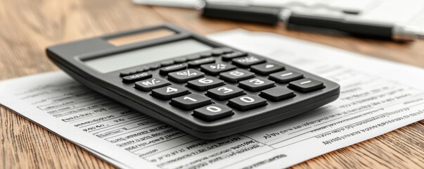 Calculator on financial documents with pen on wooden desk