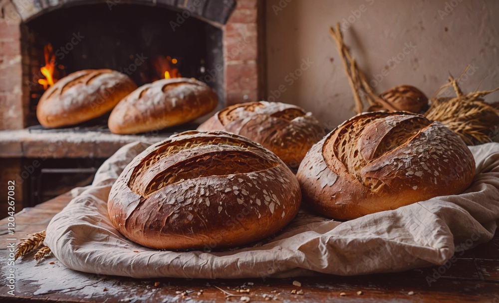 Poster three loaves of bread are sitting on a table next to a fireplace. the bread is freshly baked and loo