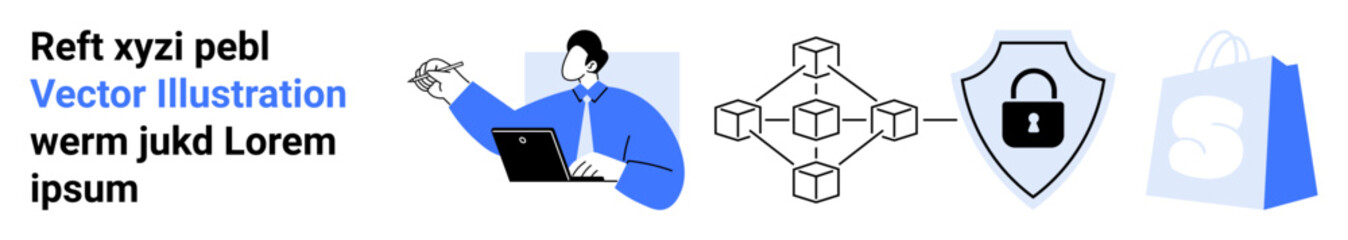 Business professional working on a laptop, blockchain technology network, security shield, and shopping bag. Ideal for business, technology, security, e-commerce, online shopping. Landing page