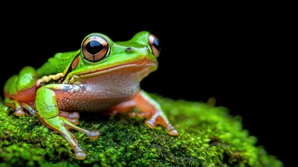Obraz premium Green frog on moss, rainforest night, wildlife closeup