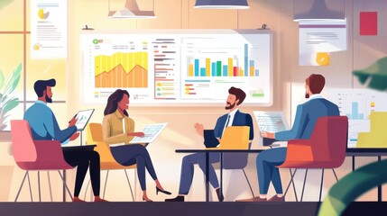 A conceptual image symbolizing startup success and financial growth, featuring a diverse team of professionals brainstorming in a modern office setting with charts and graphs displayed on digital