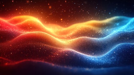Fototapeta premium Vibrant abstract waves of color flowing in a cosmic space, with shimmering particles creating depth