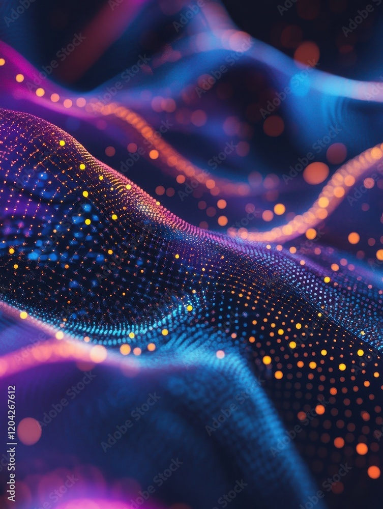 Poster dots particle waves. digital surface, abstract data cyber information background. 3d dynamic flow, t