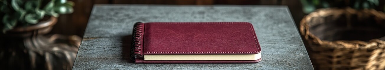 Elegant burgundy leather notebook with stylish spiral binding on rustic table