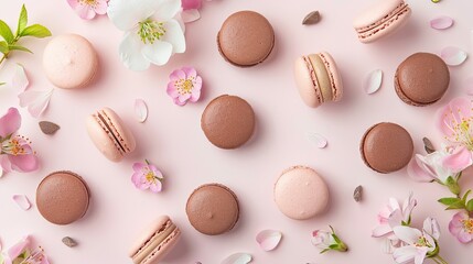 Fototapeta premium Colorful Macarons with Flowers on Pastel Pink Background