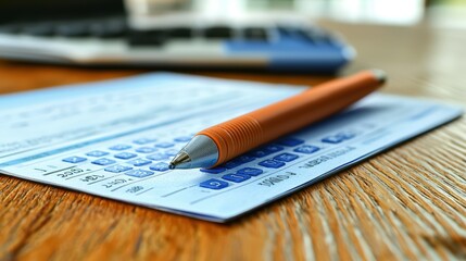 Close-up of pen and checkbook on wooden table for financial planning