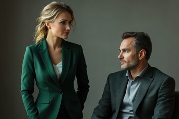 A woman in a green blazer and a man in a dark suit sit and look away from each other, possibly in a tense discussion or disagreement.