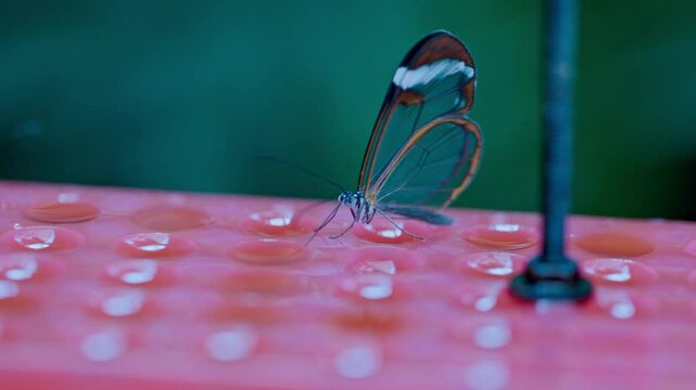 Glasswing butterfly (greta oto) extending its proboscis to drink from reservoir