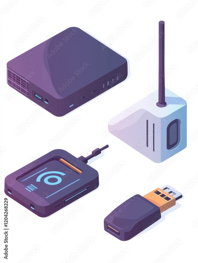 Poster remote connected devices. wireless internet router, modem, data storage device. usb connection, wi-f