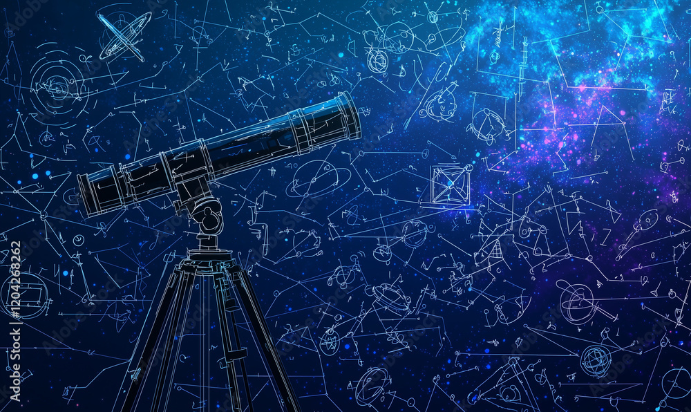 Poster telescope observing a starry sky filled with constellations and cosmic elements, creating a sense of