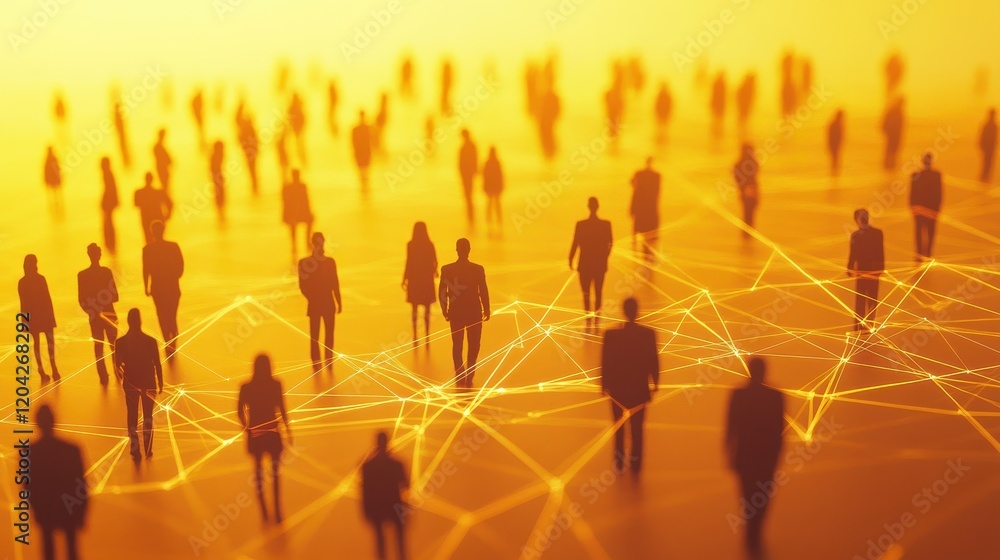 Poster abstract network of people with connecting lines on a yellow background - representing social connec