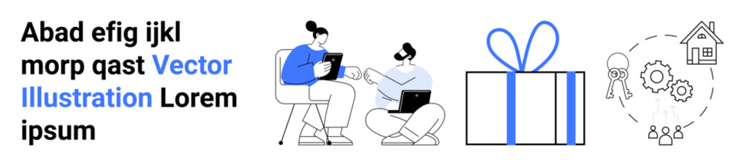 Two colleagues sitting and discussing documents, large gift box tied with blue ribbon, workflow with gears, keys, and house icon. Ideal for business consultation, marketing, teamwork, productivity