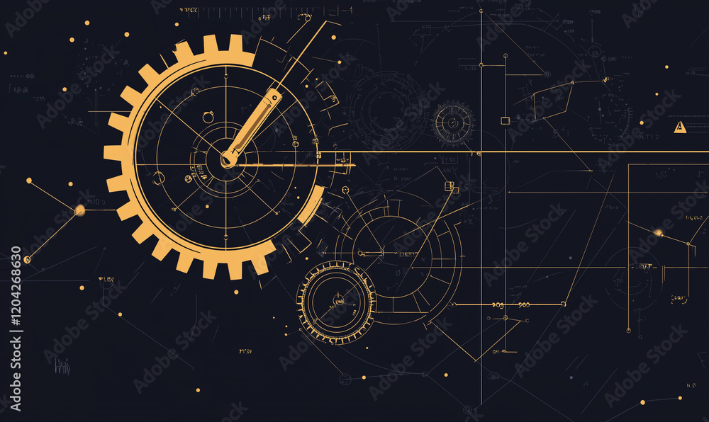 Poster abstract illustration featuring golden gears and technical elements on a dark background, symbolizin