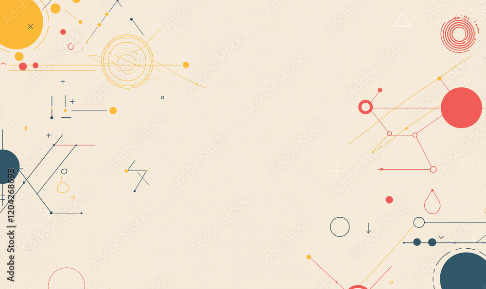 Poster abstract design featuring colorful geometric shapes and lines against a light background, creating a