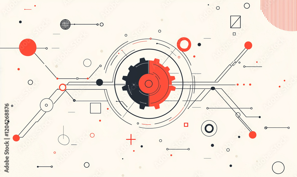 Poster abstract design featuring a central gear motif surrounded by geometric shapes and dots in red and bl