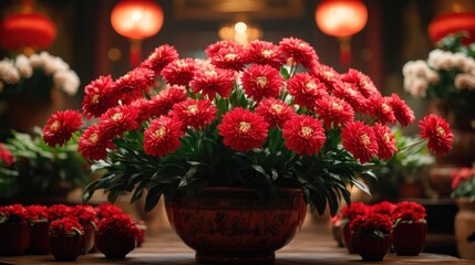 Red chrysanthemum flowers in a Chinese-style pot.
