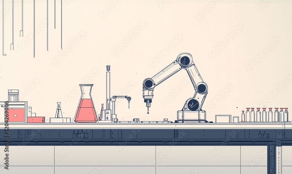 Poster a minimalist laboratory scene featuring a robotic arm surrounded by various lab equipment and contai