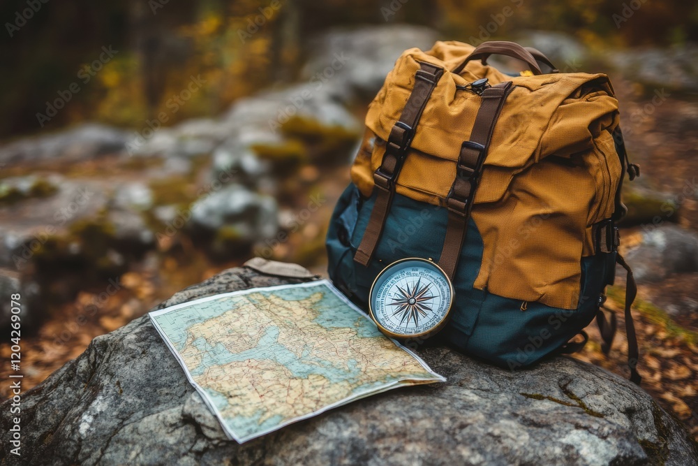 Aufkleber Backpack and compass resting on a rock with a detailed map during a tranquil outdoor exploration. Generative AI