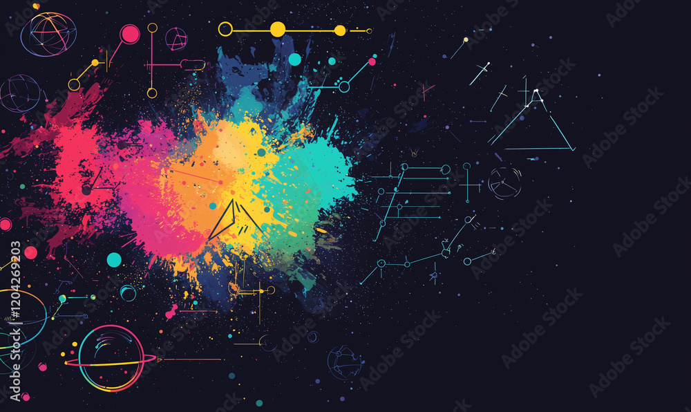 Poster colorful abstract splashes on a dark background, featuring geometric shapes and vibrant dots, creati