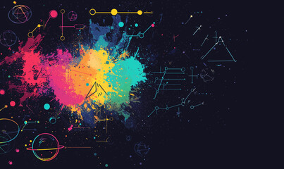 Colorful abstract splashes on a dark background, featuring geometric shapes and vibrant dots, creating a dynamic artistic composition.