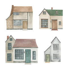 Watercolor  house collection. Hand drawn illustration on white background