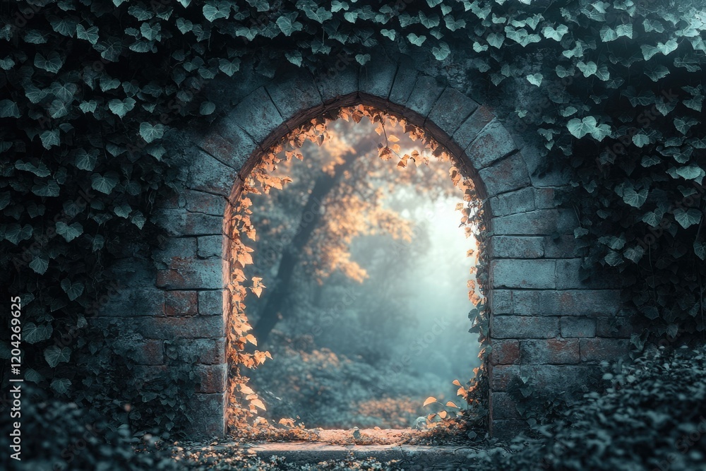 Poster a mystical arched gateway, overgrown with ivy, reveals a sunlit forest path beyond.