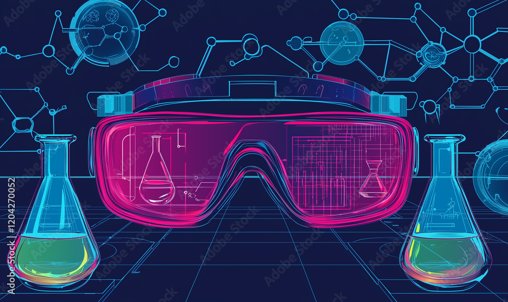 Aufkleber neon science goggles with flasks and molecular structures in the background, representing innovation